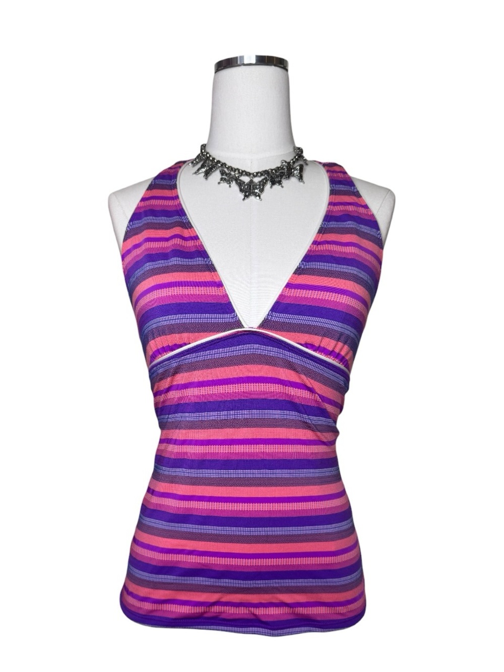 Y2K Athleta Purple + Pink Striped V-Neck Workout Tank Top Size Medium